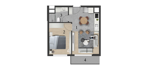 MİLTAŞ Yaşamkent 1+1 · 1+1 Tip A rezidans · 40 m² kullanım / 47 m² brüt